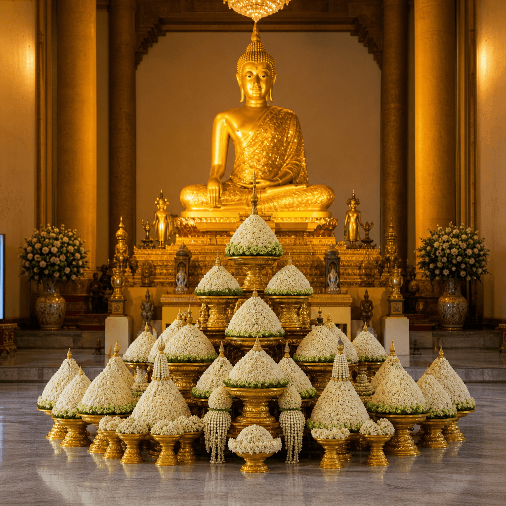 พานมะลิทรงกรวยจัดถวายหน้าพระพุทธรูป