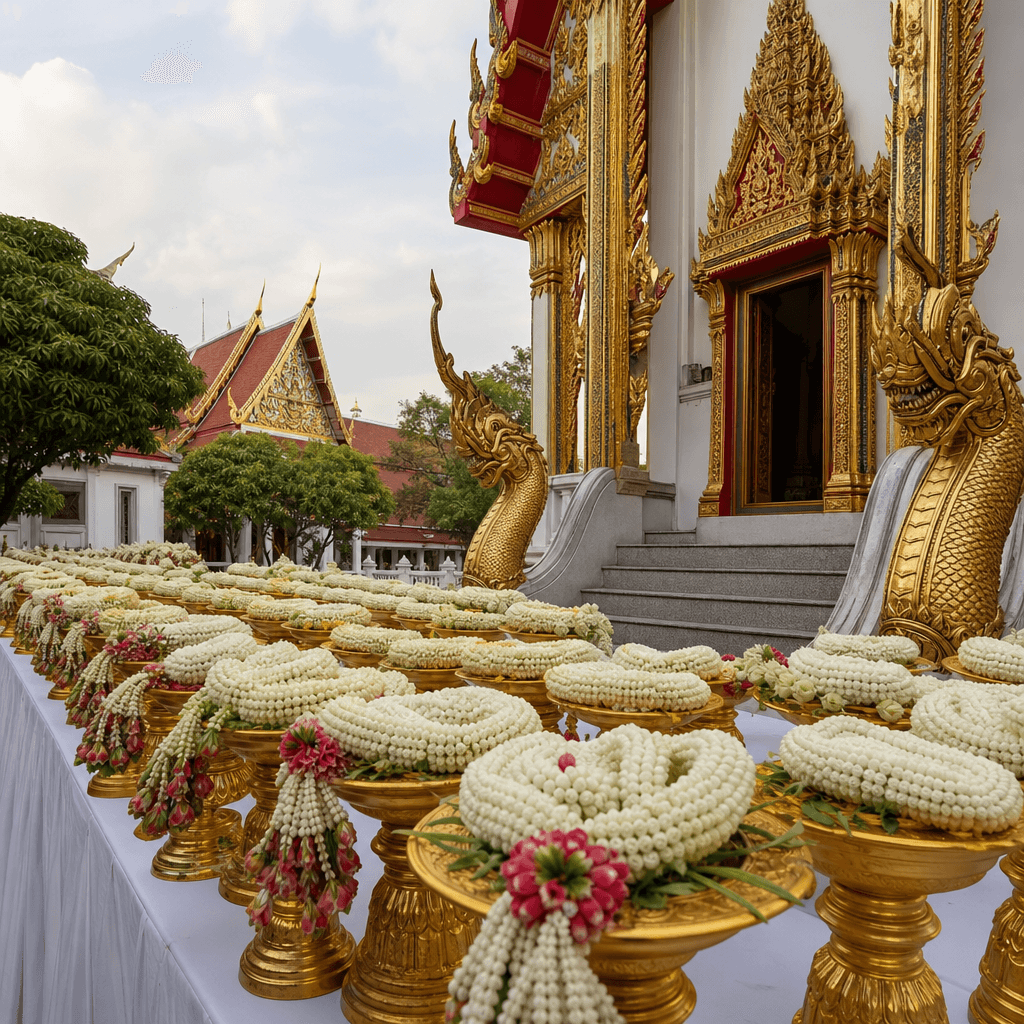 พานมะลิแก้บนเรียงถวายในลานวัด