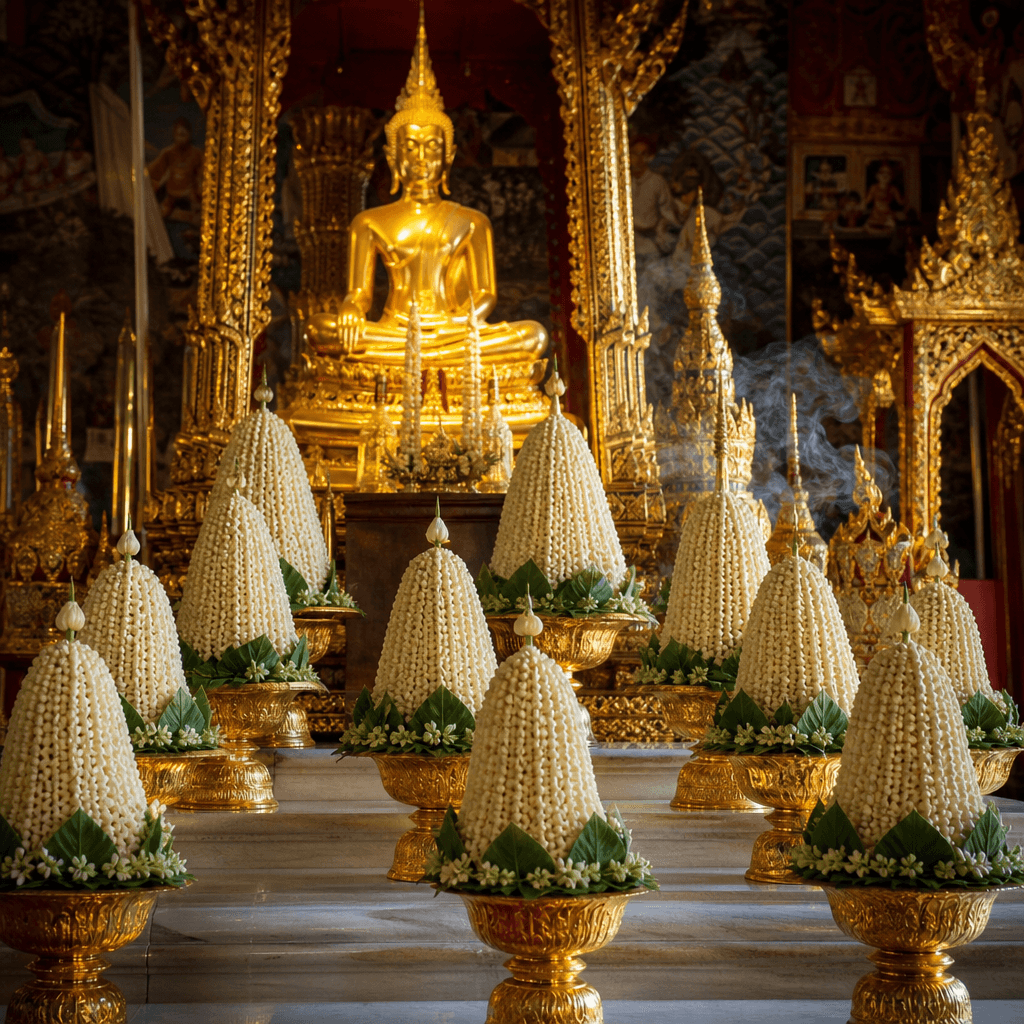 พานมะลิแก้บนเรียงแถวหน้าพระ